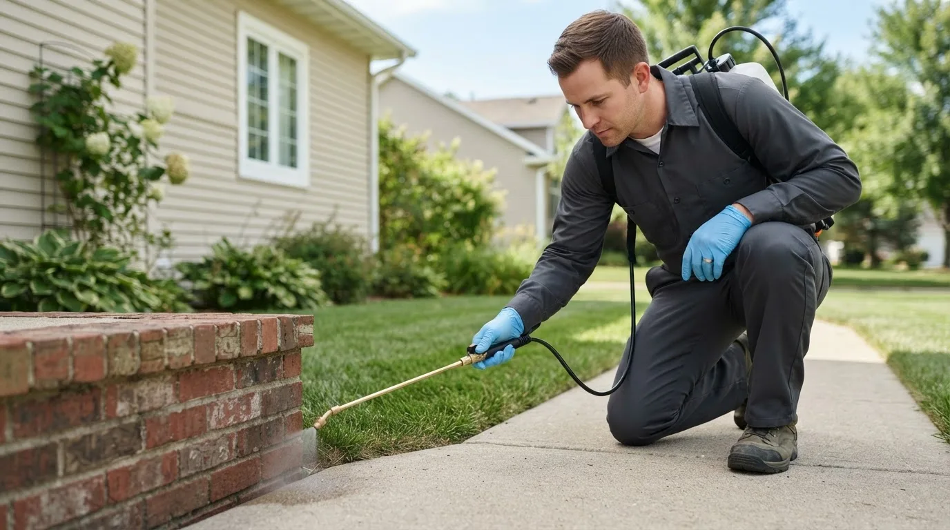 Pest control technician treating a home near New Germany, MN